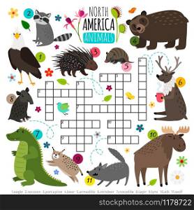 Animals crossword. Kids words brainteaser with north america animal set, word searching puzzle game vector illustration. Animals crossword. Kids words brainteaser with north america animal set, word searching puzzle game