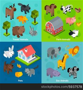 Animals design concept set with isometric forest farm and zoo animals and pets isolated vector illustration. Isometric Animals Set