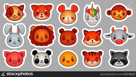 Animals face stickers. Cute animal faces, kawaii funny emoji sticker or avatar. Cartoon comic cat, dog and unicorn character doodle emotion wildlife vector illustration isolated icons set. Animals face stickers. Cute animal faces, kawaii funny emoji sticker or avatar. Cartoon vector illustration set