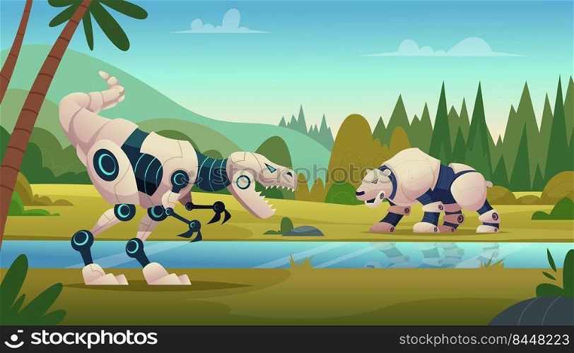 Animals fights. Armored steel futuristic angry wild smart technologies animal transformers exact vector cartoon background. Illustration of robotic technology, dinosaur and bear cartoon. Animals fights. Armored steel futuristic angry wild smart technologies animal transformers exact vector cartoon background