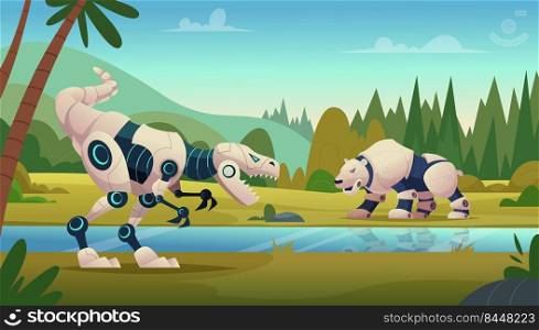 Animals fights. Armored steel futuristic angry wild smart technologies animal transformers exact vector cartoon background. Illustration of robotic technology, dinosaur and bear cartoon. Animals fights. Armored steel futuristic angry wild smart technologies animal transformers exact vector cartoon background
