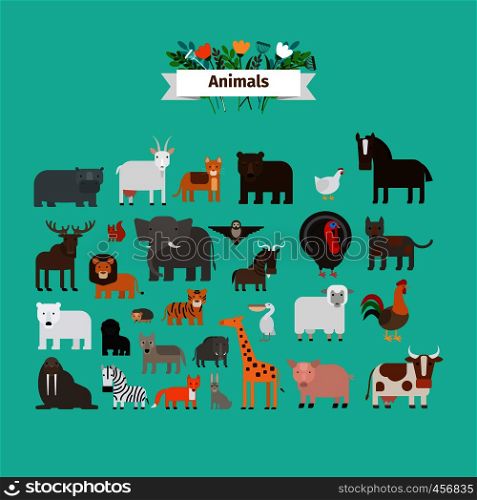 Animals flat design vector icons on green background. Animals flat design vector icons