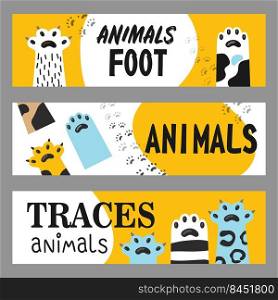 Animals foot banners set. Cat paws and claws vector illustrations with text on white and yellow background. Veterinary, pet shop, shelter concept for flyers and brochures design