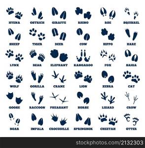 Animals footprint. Animal hoofed goose track, isolated prints wild fauna. Different cats, birds paws, forest feets icons, recent vector collection. Illustration of footprint animal, foot trace. Animals footprint. Animal hoofed goose track, isolated prints wild fauna. Different cats, birds paws, forest feets icons, recent vector collection