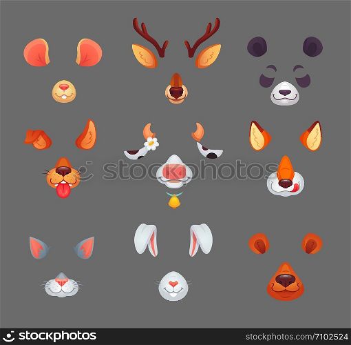 Animals for phone app. Funny animal filter masks with ears and noses. Vector set