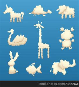 Animals from clouds. Various shapes of cartoon clouds. Vector cloud animal, nature fluffy form, rabbit and fish, horse and sheep illustration. Animals from clouds. Various shapes of cartoon clouds