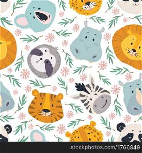 Animals head seamless pattern. Cute lion, tiger zebra, koala and hippo, sloth and leopard faces. Kids wallpaper, textile design vector texture. Childish characters with leaves and flowers. Animals head seamless pattern. Cute lion, tiger zebra, koala and hippo, sloth and leopard faces. Kids wallpaper, textile design vector texture