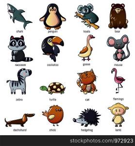 Animals icons set. Cartoon illustration of 16 animals vector icons for web. Animals icons set, cartoon style