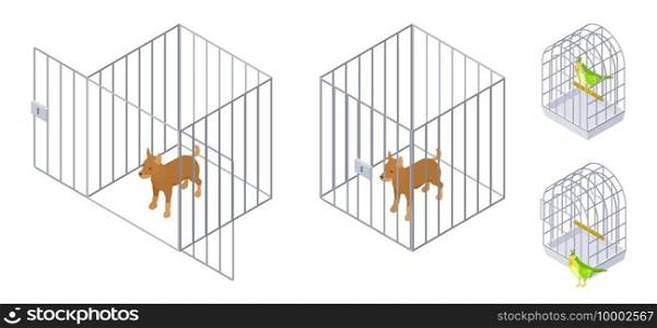 Animals in cages. Isometric dog bird inside and outside cage. Pet care vector illustration. Cage for pet, animal domestic puppy safety. Animals in cages. Isometric dog bird inside and outside cage. Pet care vector illustration