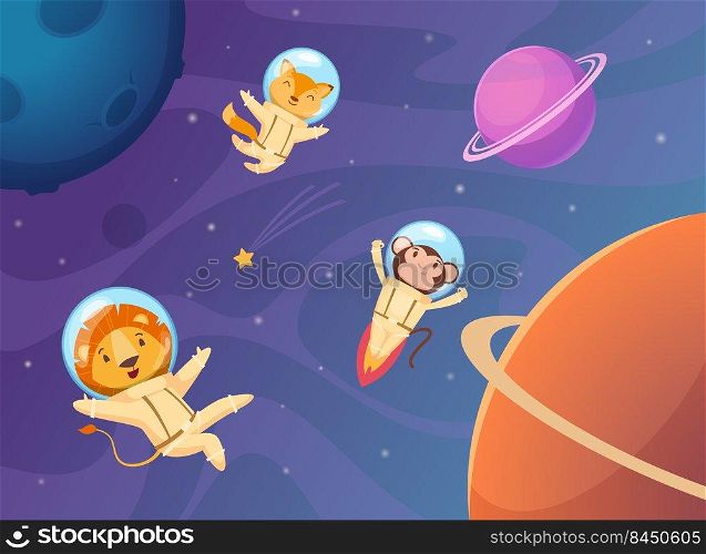 Animals in space. Cartoon funny astronaut travellers in helmet and jumpsuit professional uniform exact vector zoo characters background. Illustration of astronaut animal adventure. Animals in space. Cartoon funny astronaut travellers in helmet and jumpsuit professional uniform exact vector zoo characters background