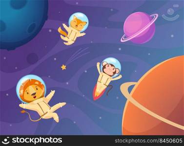 Animals in space. Cartoon funny astronaut travellers in helmet and jumpsuit professional uniform exact vector zoo characters background. Illustration of astronaut animal adventure. Animals in space. Cartoon funny astronaut travellers in helmet and jumpsuit professional uniform exact vector zoo characters background