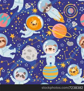 Animals in space. Seamless pattern space team cute animals, astronauts in space suits, starry universe wallpaper kids print vector texture. Lion and raccoon, dog and cat among planets. Animals in space. Seamless pattern space team cute animals, astronauts in space suits, starry universe wallpaper kids print vector texture