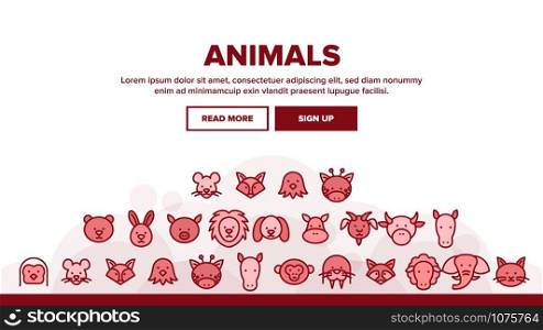 Animals Landing Web Page Header Banner Template Vector. Bear And Rabbit, Pig And Cow, Elephant And Lion, Monkey And Horse Animals Illustration. Animals Landing Header Vector
