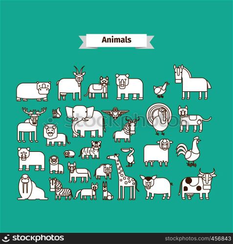 Animals Line Art Vector white Icons on blue background. Animals Line Art Vector Icons