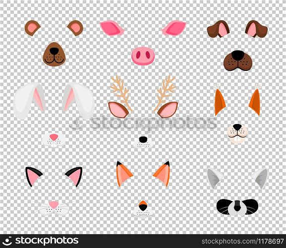 Animals masks. Face masking for masquerade, rabbit and bear, dog, and fox cute halloween head mask set isolated on transparent background, vector illustration. Animals face masks set on transparent