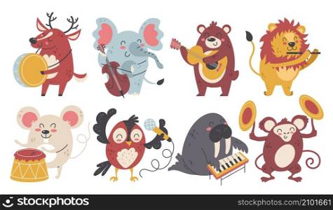 Animals musicians. Kids cartoon characters music band, happy funny instrumental orchestra, wildlife creations party, cute fauna with guitar, drums and flute, vector cartoon flat style isolated set. Animals musicians. Kids cartoon characters music band, happy funny instrumental orchestra, wildlife creations party, cute fauna with guitar, drums and flute, vector isolated set