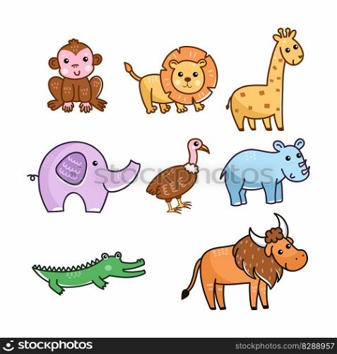 Animals of Africa. Cute illustration for kids in doodle style. Set of elements.
