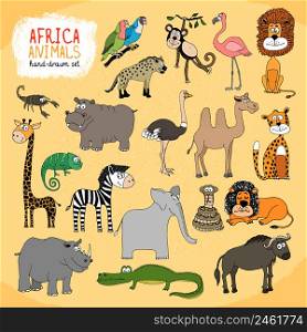 Animals of Africa hand-drawn illustration with a giraffe elephant hippo rhino crocodile lion monkey parrots buffalo snake chameleon hyena zebra ostrich camel and flamingo