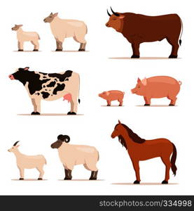 Animals on farm. Lamb, piglet, cow and sheep, goat. Vector set in cartoon style. Illustration of pig and cow, goat and farm sheep. Animals on farm. Lamb, piglet, cow and sheep, goat. Vector illustrations set in cartoon style