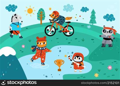 Animals outdoor sport. Cute athletes are engaged physical exercises in park. Ice skating pretty bear and running horse. Owl playing hockey. Fox riding bike. Raccoon training karate. Vector concept. Animals outdoor sport. Athletes are engaged physical exercises in park. Ice skating bear and running horse. Owl playing hockey. Fox riding bike. Raccoon training karate. Vector concept