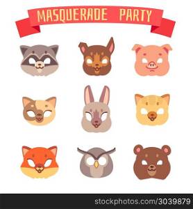Animals party masks vector set. Animals party masks vector set. Cat and bear, owl and fox illustration