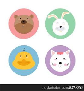 Animals pet wildlife circle icon logo label sticker set with bear, rabbit, duck and cat. flat vector illustration cartoon character design isolated.