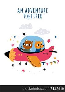 Animals pilots card. Color airplane with cute passengers and aviator. Cartoon fox and bear characters fly on plane together. Creatures piloting air vehicle. Mammals aircraft adventure. Vector postcard. Animals pilots card. Airplane with cute passengers and aviator. Cartoon fox and bear characters fly on plane together. Creatures piloting air vehicle. Vector mammals aircraft adventure