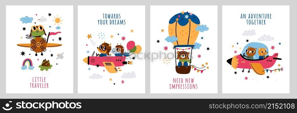 Animals pilots cards. Color airplanes with cute passengers and aviators. Cartoon characters flying on air balloon. Frog traveler. Foxes and bears piloting planes. Aircraft flight. Vector postcards set. Animals pilots cards. Airplanes with passengers and aviators. Cartoon characters flying on air balloon. Frog traveler. Foxes and bears piloting planes. Aircraft flight. Vector postcards set