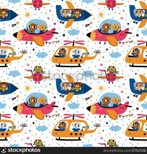 Animals pilots seamless pattern. Cute print with happy aviators characters. Cartoon mammals flying aircraft. Colorful airplanes and helicopters with funny passengers. Planes flight. Vector background. Animals pilots seamless pattern. Cute print with happy aviators characters. Mammals flying aircraft. Colorful airplanes and helicopters with passengers. Planes flight. Vector background