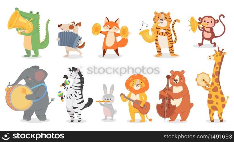 Animals play music. Cute animal playing music instruments, monkey plays trumpet and crocodile with saxophone vector illustration set. Cartoon animal play music, design drum instrument. Animals play music. Cute animal playing music instruments, monkey plays trumpet and crocodile with saxophone vector illustration set