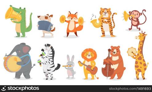 Animals play music. Cute animal playing music instruments, monkey plays trumpet and crocodile with saxophone vector illustration set. Cartoon animal play music, design drum instrument. Animals play music. Cute animal playing music instruments, monkey plays trumpet and crocodile with saxophone vector illustration set