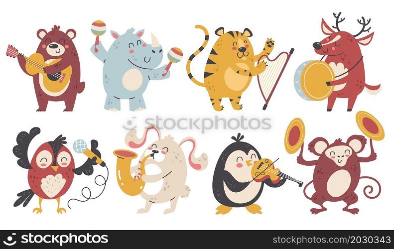 Animals play music. Cute happy wildlife characters with different musical instruments. Cartoon wild artists. Band sounds. Woodland creatures orchestra performance. Vector isolated funny musicians set. Animals play music. Happy wildlife characters with different musical instruments. Cartoon wild artists. Band sounds. Woodland creatures orchestra performance. Vector funny musicians set