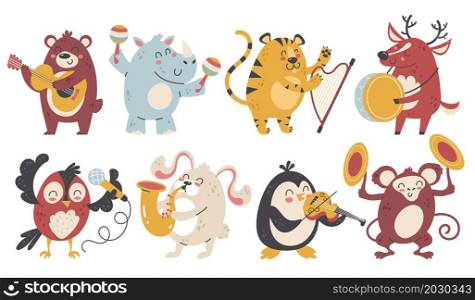 Animals play music. Cute happy wildlife characters with different musical instruments. Cartoon wild artists. Band sounds. Woodland creatures orchestra performance. Vector isolated funny musicians set. Animals play music. Happy wildlife characters with different musical instruments. Cartoon wild artists. Band sounds. Woodland creatures orchestra performance. Vector funny musicians set
