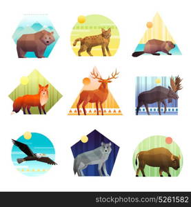 Animals Polygonal Emblem Set. Colorful polygonal emblem of different shape set with wild animals and birds isolated on white background vector illustration