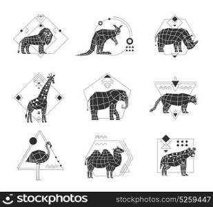 Animals Polygonal Monochrome Emblems. Monochrome polygonal set of six emblems with african animals and geometric pattern isolated on white background vector illustration
