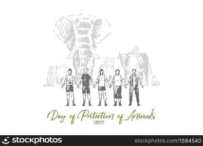 Animals protection day concept sketch. International holiday celebration, global wildlife preservation, worldwide fauna defence, young men and women, activists. Isolated vector illustration. Animals protection day concept sketch. Isolated vector illustration