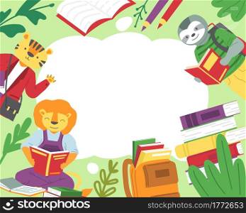 Animals read books background. Cartoon sloth and lion studying textbooks. Happy tiger greeting waves hand. Back to school concept. Funny frame mockup with copy space. Vector education for children. Animals read books background. Cartoon sloth and lion studying textbooks. Tiger greeting waves hand. Back to school concept. Frame mockup with copy space. Vector education for children