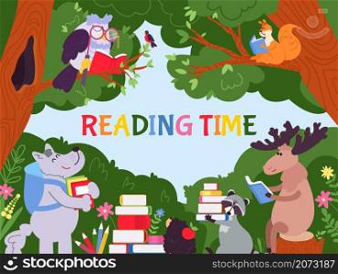 Animals reading background. Cartoon animal read, cute characters with stacked books. Mammal learning, decent school education vector frame. Animal personage read and education illustration. Animals reading background. Cartoon animal read, cute characters with stacked books. Mammal learning, decent school education vector frame