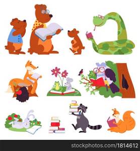 Animals reading. Bird animal read book, cute cartoon forest wild characters. Children school education, owl bear learning decent vector set. Anumal with book, funny rabbit and fox illustration. Animals reading. Bird animal read book, cute cartoon forest wild characters. Children school education, owl bear learning decent vector set