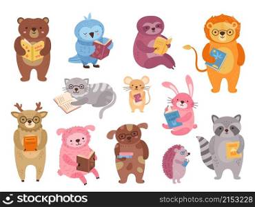 Animals reading. Wild animal read book, funny school study characters. Childish cartoon literature, kids friends exact vector clipart. Smart animal with books education, wildlife study illustration. Animals reading. Wild animal read book, funny school study characters. Childish cartoon literature, isolated kids friends exact vector clipart
