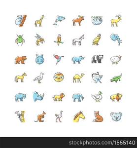 Animals RGB color icons set. Different wildlife, diverse fauna. Common and exotic animal species. Flying, land and sea creatures. Isolated vector illustrations. Animals RGB color icons set