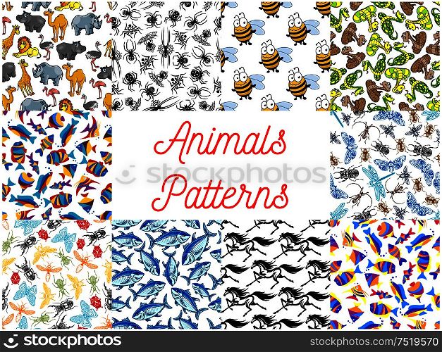 Animals seamless backgrounds set. Wallpapers with pattern of zoo camel, lion, flamingo, rhinoceros, hippopotamus, giraffe, ostrich. Insects fly, dragonfly, bee, butterfly, beetle moth wasp Ocean fishes spiders snakes horses. Animals and fishes seamless background set