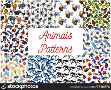 Animals seamless backgrounds set. Wallpapers with pattern of zoo camel, lion, flamingo, rhinoceros, hippopotamus, giraffe, ostrich. Insects fly, dragonfly, bee, butterfly, beetle moth wasp Ocean fishes spiders snakes horses. Animals and fishes seamless background set