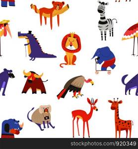 Animals seamless pattern, lion and zebra, macaque and elephant vector. African wildlife mammals and predator, flamingo pink bird with feathers. Giraffe and exotic monkey, griffon and crocodile set. Animals seamless pattern, lion and zebra, macaque and elephant vector.