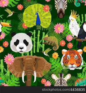 Animals Seamless Pattern. Wallpaper seamless pattern with mix of wild animals birds plants and flowers flat vector illustration