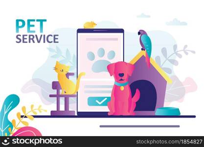 Animals sitting near mobile phone. Concept of pet service online and animal e-store. Bringing puppy to grooming, veterinary service. Shopping goods for pets via internet. Flat vector illustration. Animals sitting near mobile phone. Concept of pet service online and animal e-store. Bringing puppy to grooming, veterinary service