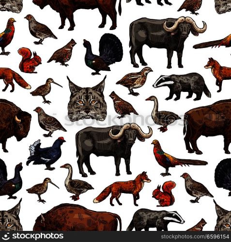 Animals sketch seamless pattern. Vector background of wild hunt and African safari animals and bird of buffalo, grouse or duck, lynx or woodcock and badger or fox and squirrel with pheasant. Wild animals sketch seamless pattern background