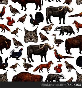 Animals sketch seamless pattern. Vector background of wild hunt and African safari animals and bird of buffalo, grouse or duck, lynx or woodcock and badger or fox and squirrel with pheasant. Wild animals sketch seamless pattern background