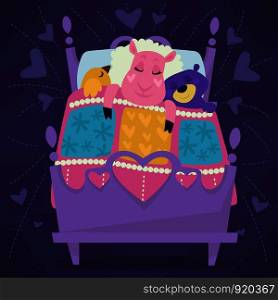 Animals sleeping in bed fairytale pets asleep set vector. Calm mammals, lying under warm blanket together. Cute cartoon illustration.. Animals sleeping in bed fairytale pets asleep set vector.