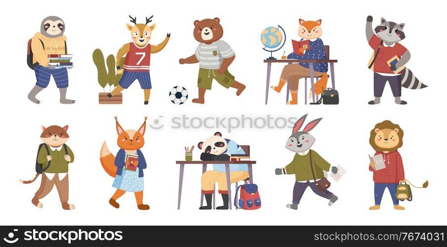 Animals students funny collection in cartoon. Smart animals students on education writing, reading books, pupils studying. Back to school set. Cute forest friends with books studying. Childish vector. Animals students funny collection in cartoon. Smart animals students on education writing